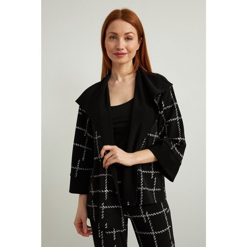 Joseph Ribkoff Women's Windowpane Cardigan Size 12 Black 3/4 Sleeve Office Work